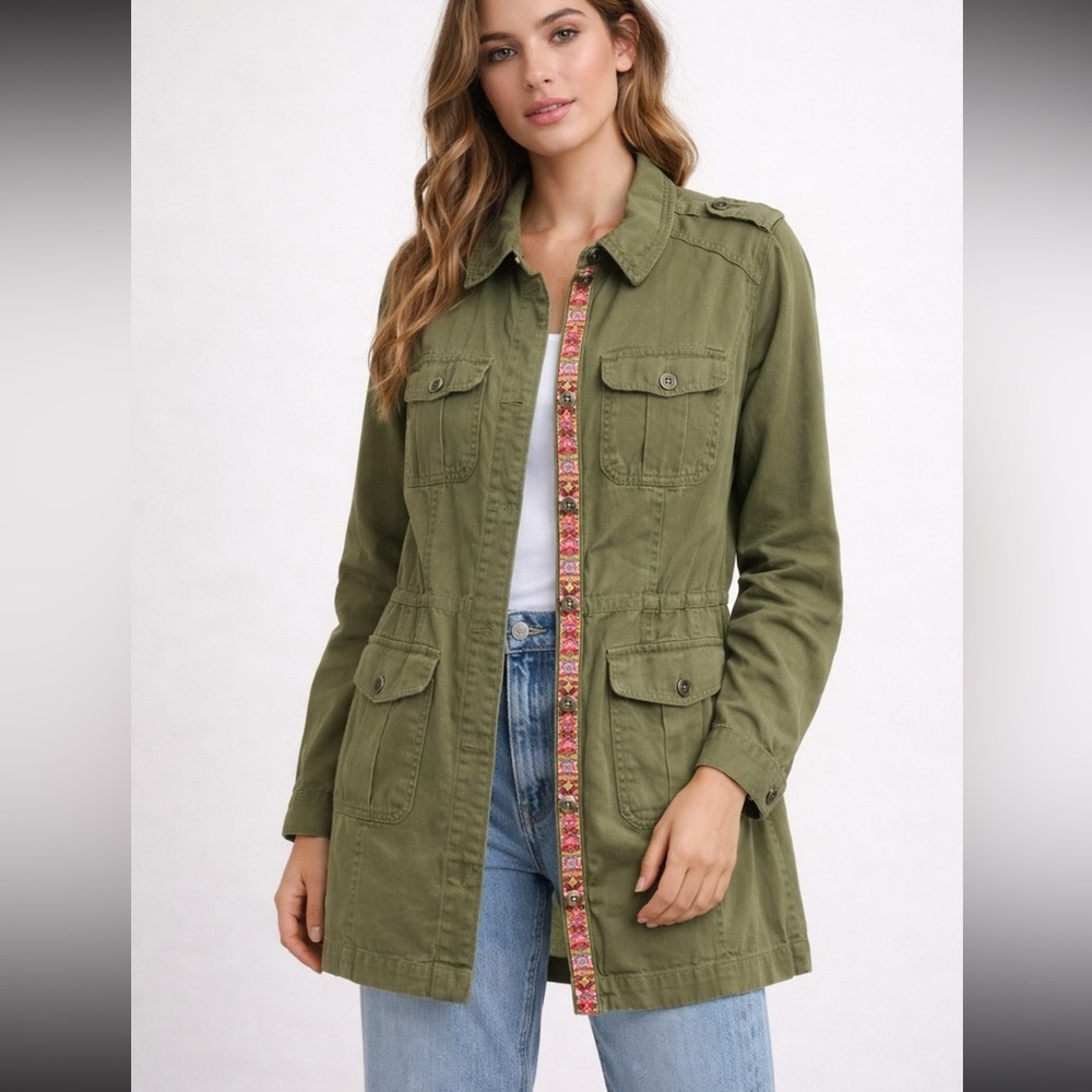 Jen’s Pirate Booty Olive Military Utility Jacket Boho Tapestry Trim 23666
